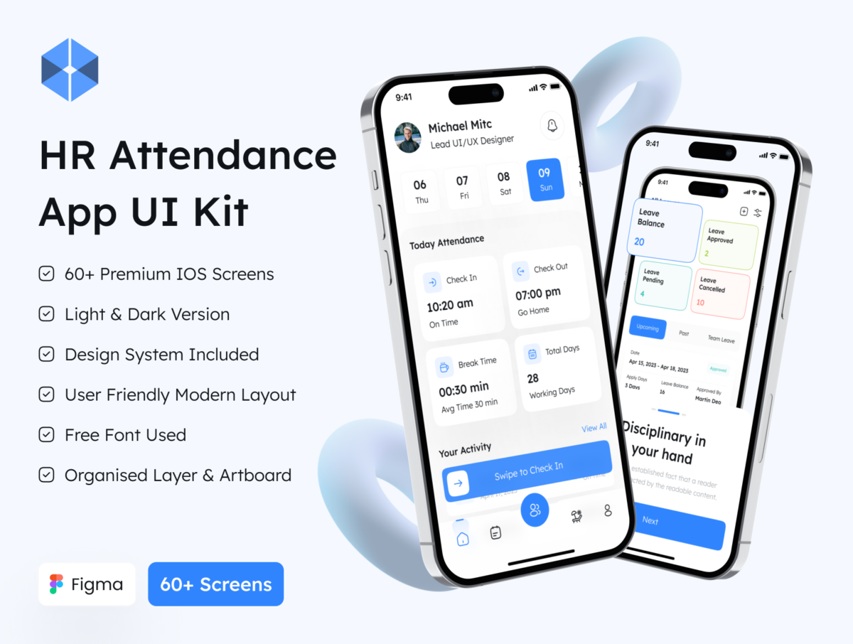 60+屏幕高级HR人力资源考勤员工管理软件APP界面设计Figma模板素材 HR Attendance App UI Kit_img_1