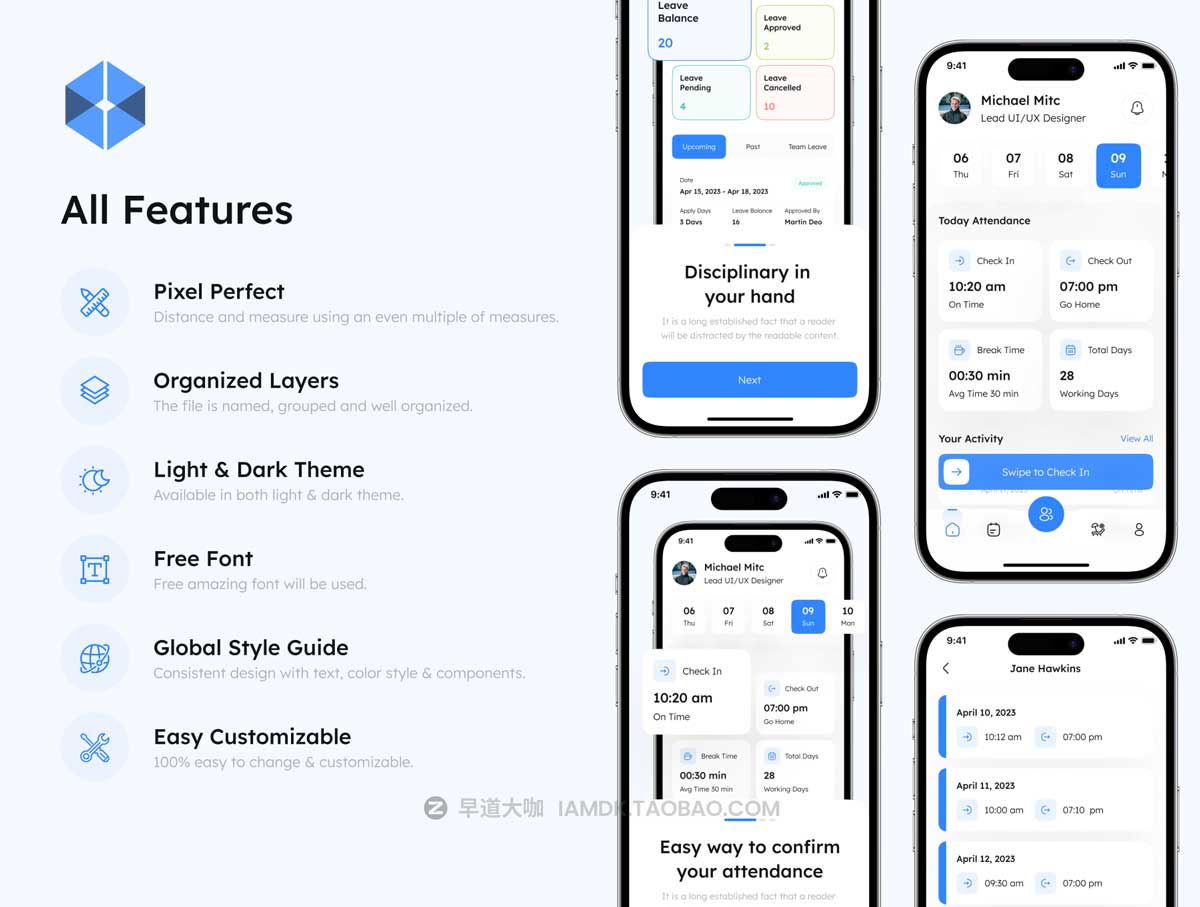 60+屏幕高级HR人力资源考勤员工管理软件APP界面设计Figma模板素材 HR Attendance App UI Kit_img_1