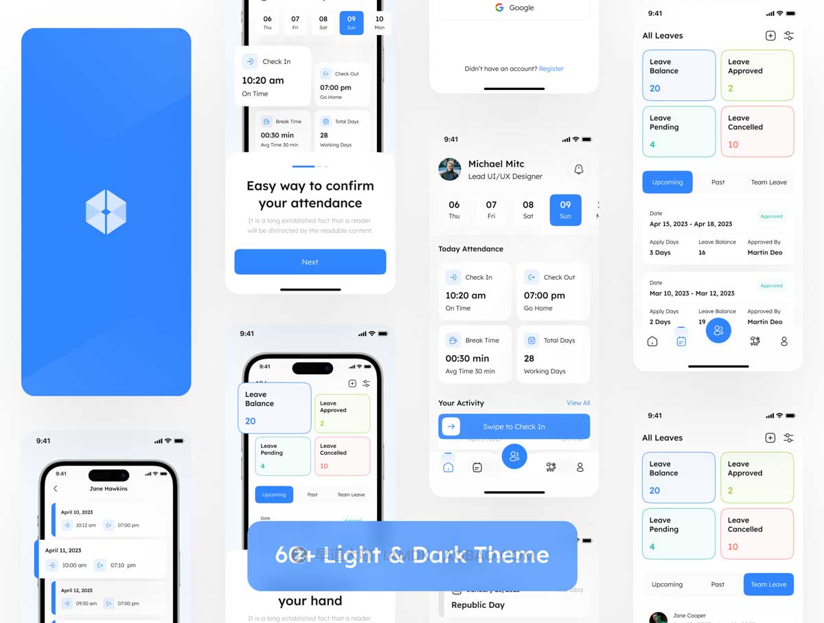 60+屏幕高级HR人力资源考勤员工管理软件APP界面设计Figma模板素材 HR Attendance App UI Kit_img_1