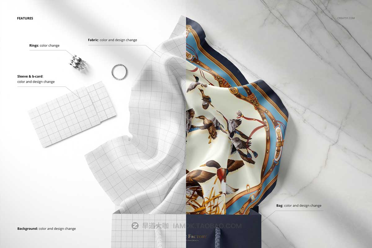 丝绸真丝围巾丝巾小方巾纸袋图案设计展示贴图PSD样机素材 Silk Scarf in Bag Mockup (74/FFv.9)_img_1