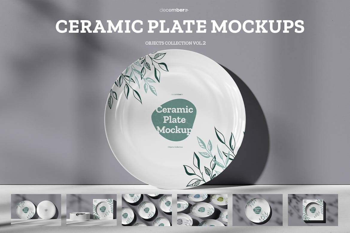 7款时尚陶瓷餐具盘子包装盒设计PS智能贴图样机模板素材 7 Ceramic Dinner/Dessert Plate Mockups vol.2_img_1