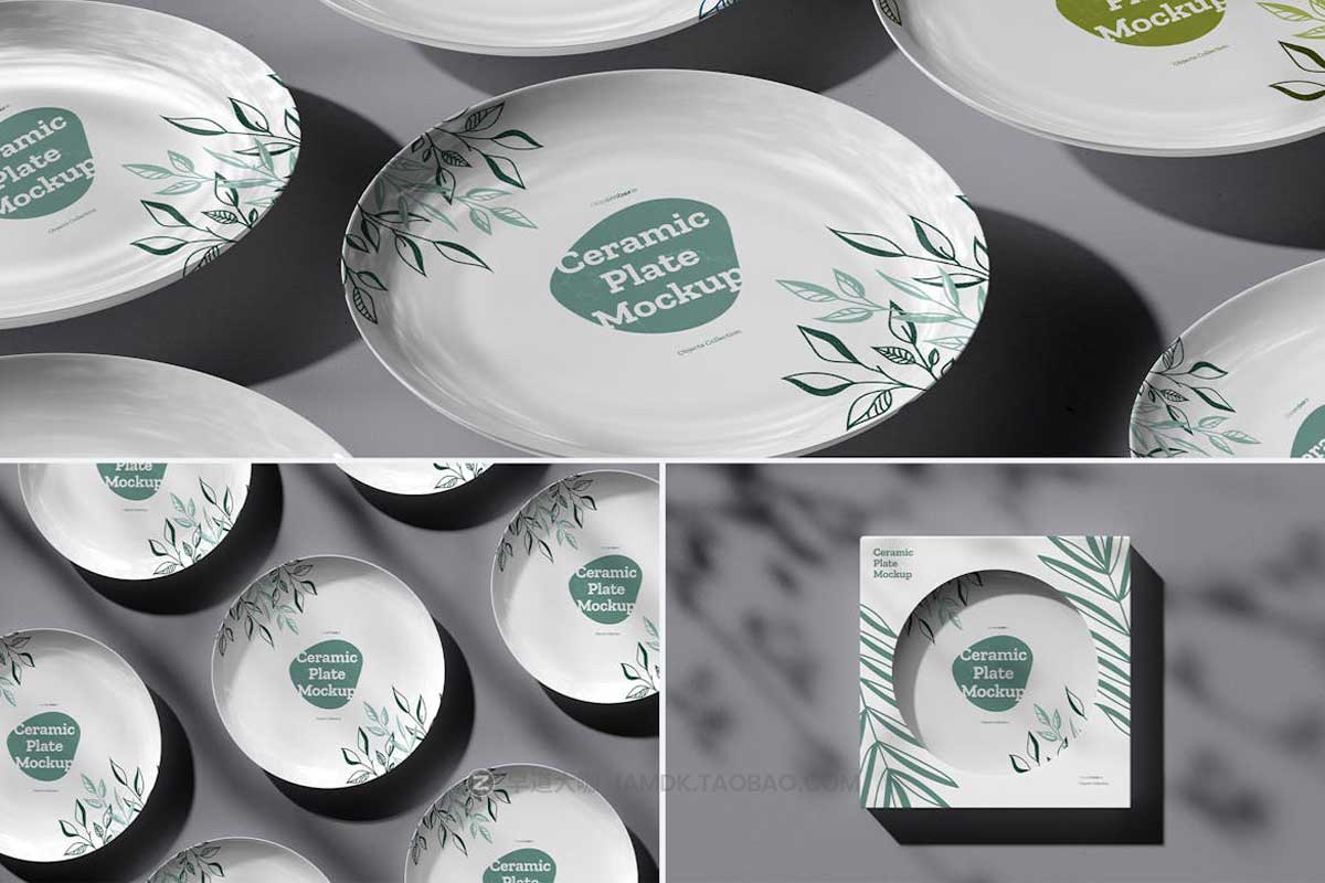 7款时尚陶瓷餐具盘子包装盒设计PS智能贴图样机模板素材 7 Ceramic Dinner/Dessert Plate Mockups vol.2_img_1