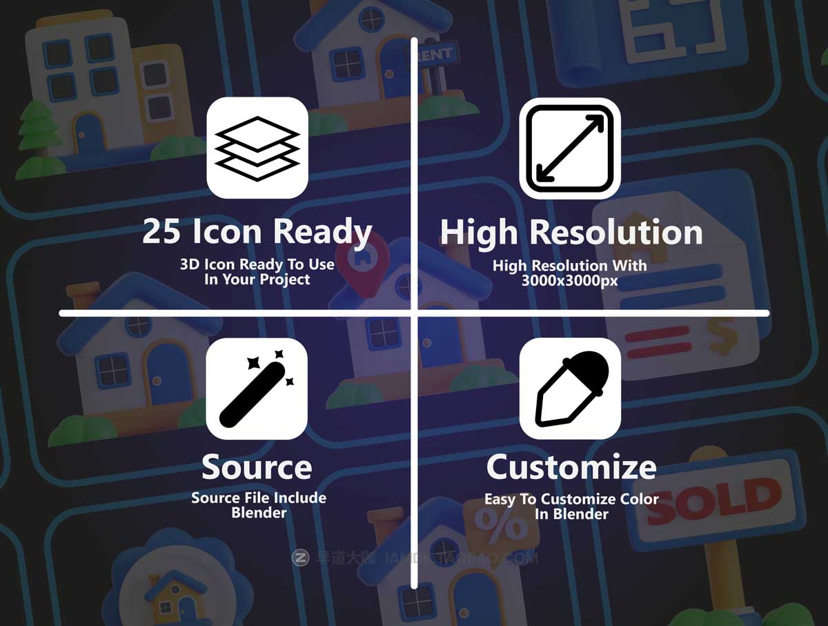 Blender模型 25款高质量房地产APP界面设计3D立体图标Icons设计素材合集 Real Estate 3D Icon Pack_img_1