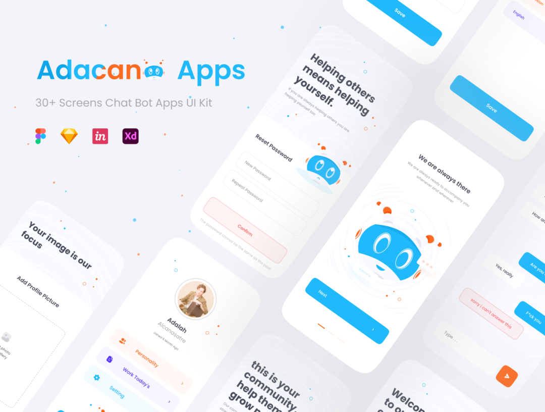 30+屏AI智能聊天机器人APP界面设计UI套件包 Adacana - Chat BOT Apps UI KIT_img_1