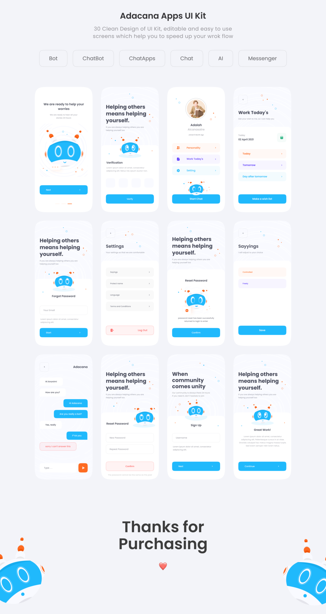 30+屏AI智能聊天机器人APP界面设计UI套件包 Adacana - Chat BOT Apps UI KIT_img_1