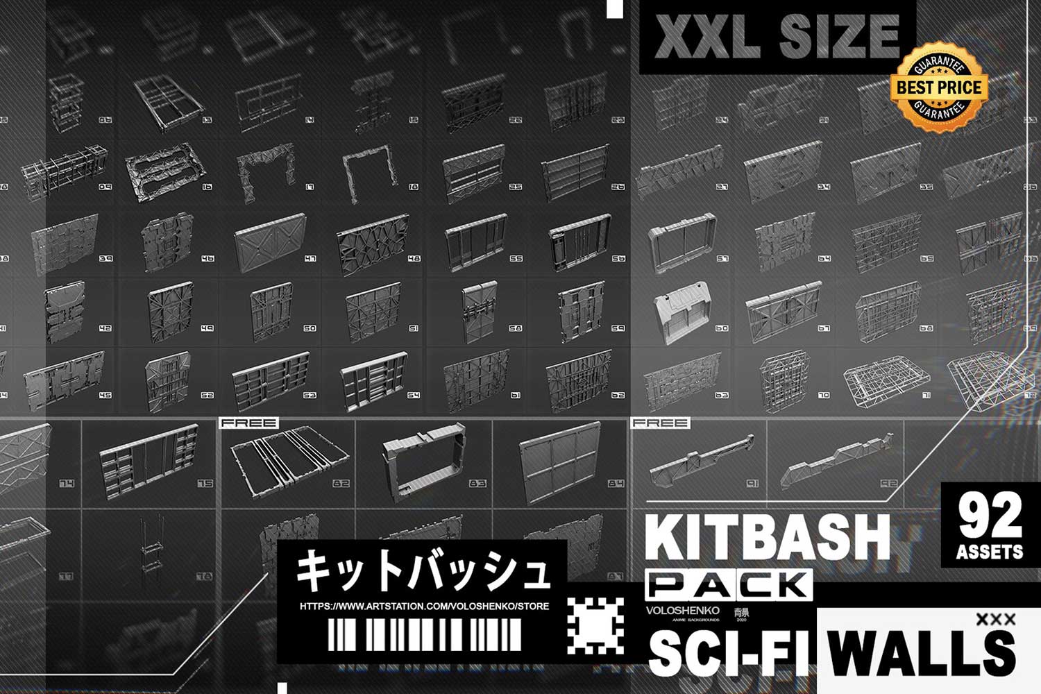 92组未来科幻金属墙壁元素3D模型FBX/MAX格式素材包 Sci-Fi Walls Kitbash Pack 92+ Vol 7_img_1