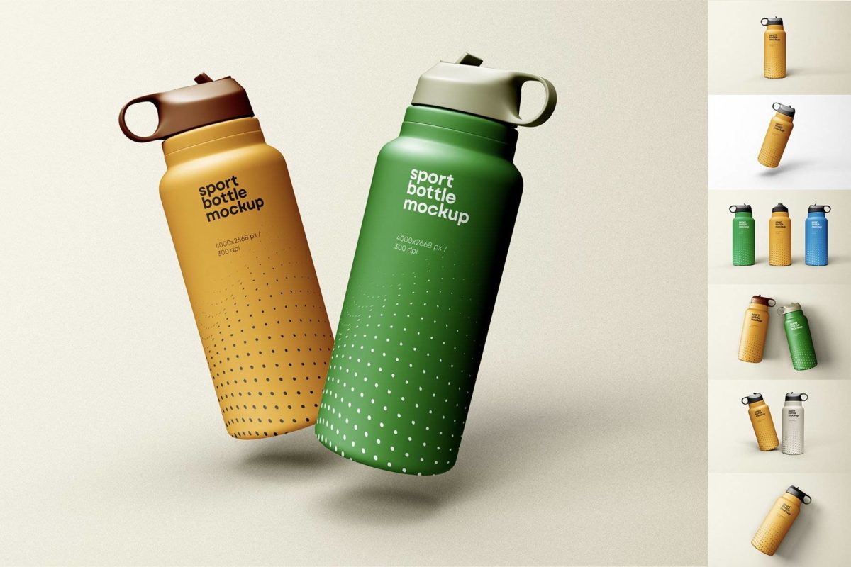 7款时尚运动铝合金保温水杯设计展示贴图PSD样机模板素材 Sport Water Bottle Mockup_img_1