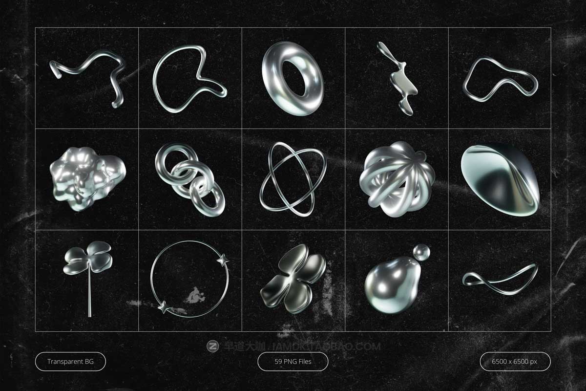 59款潮流3D三维立体金属镀铬未来抽象不规则几何PNG免抠图设计素材 3D Futuristic Chrome Shapes_img_1