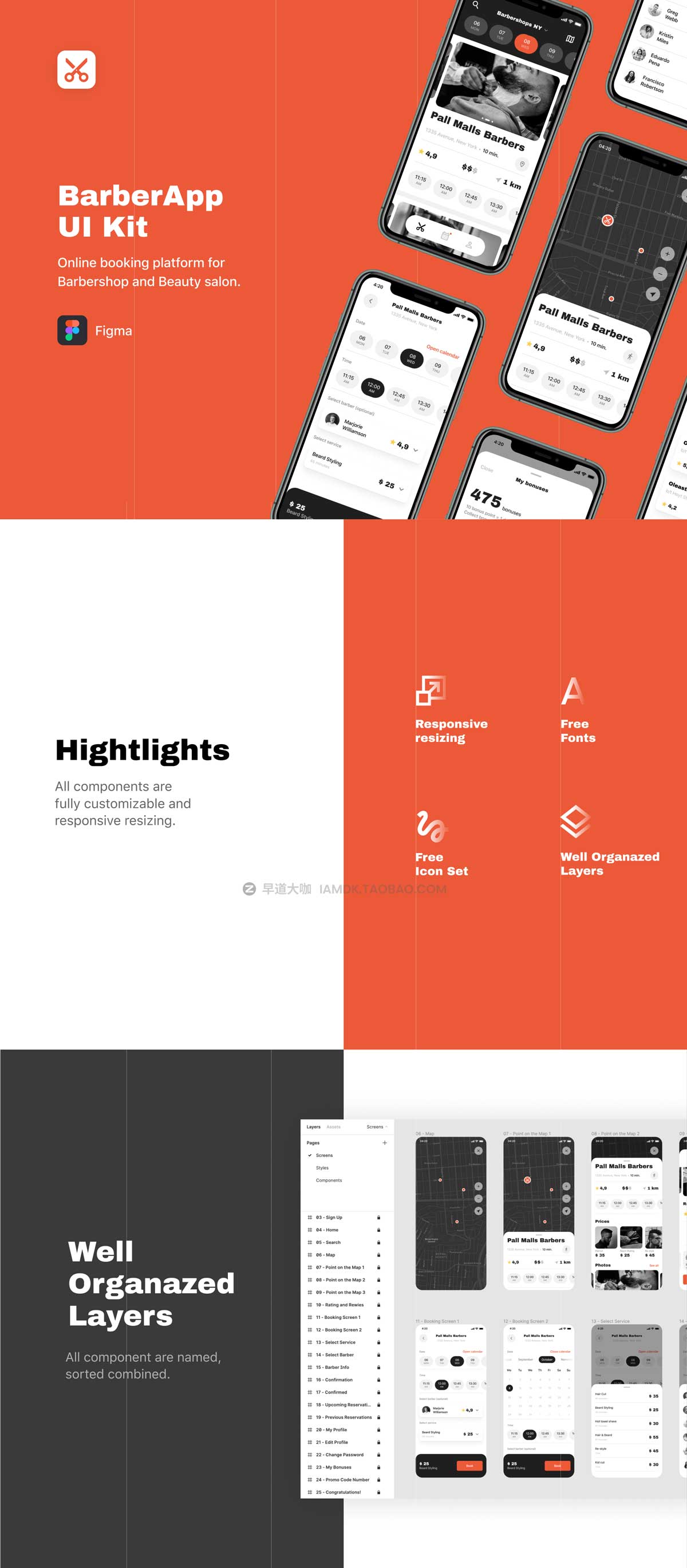 25屏高级理发师理发美容店在线预约软件APP界面设计Figma模板套件 BarberApp UI Kit_img_1