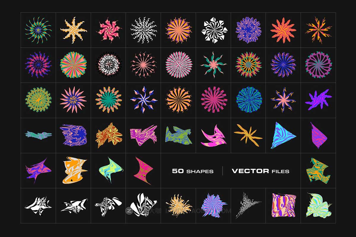 50款未来派全息渐变抽象艺术曼陀罗几何AI矢量插画印花图形设计套装 Distorted Abstract Shapes Graphics_img_1