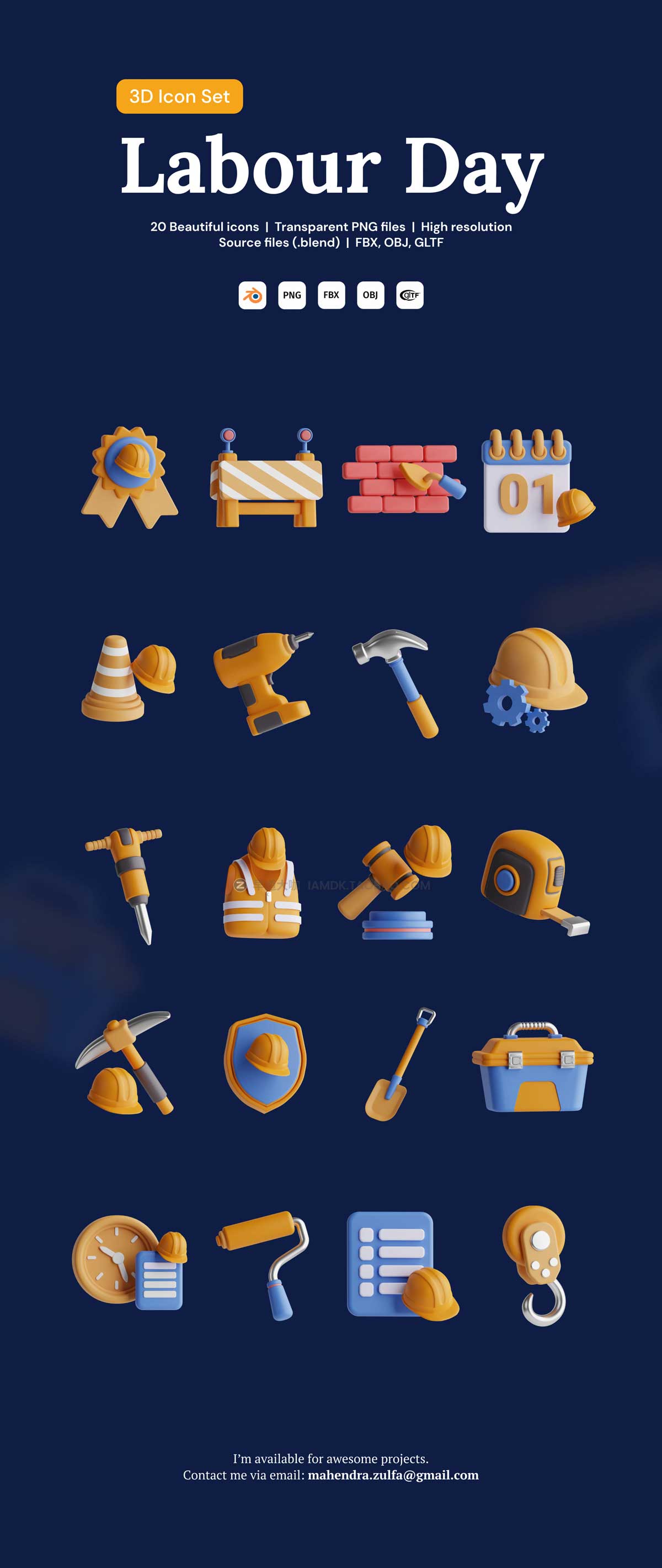 20款卡通有趣劳动节主题3D三维图标Icons设计素材合集 Labour Day 3D Icon Set_img_1