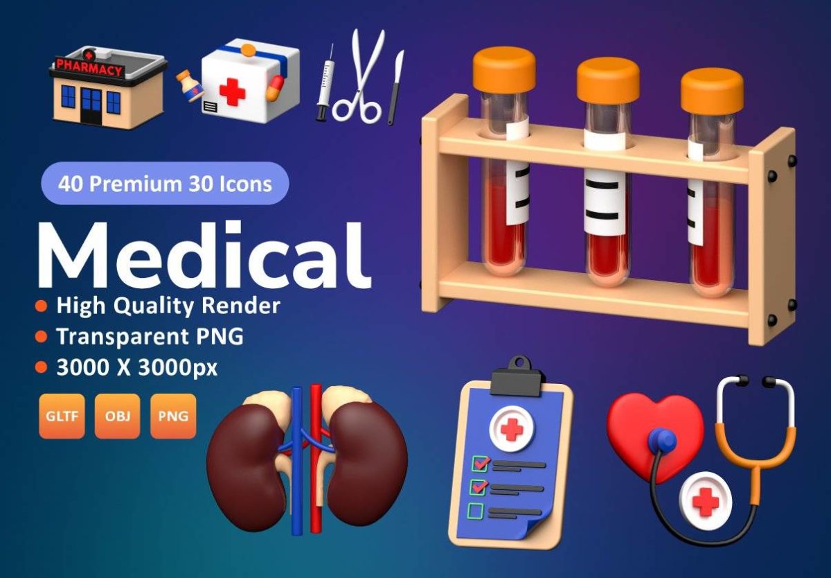 40款高级医院医疗化验体检3D三维立体图标设计素材合集 Medical 3D icons Set_img_1