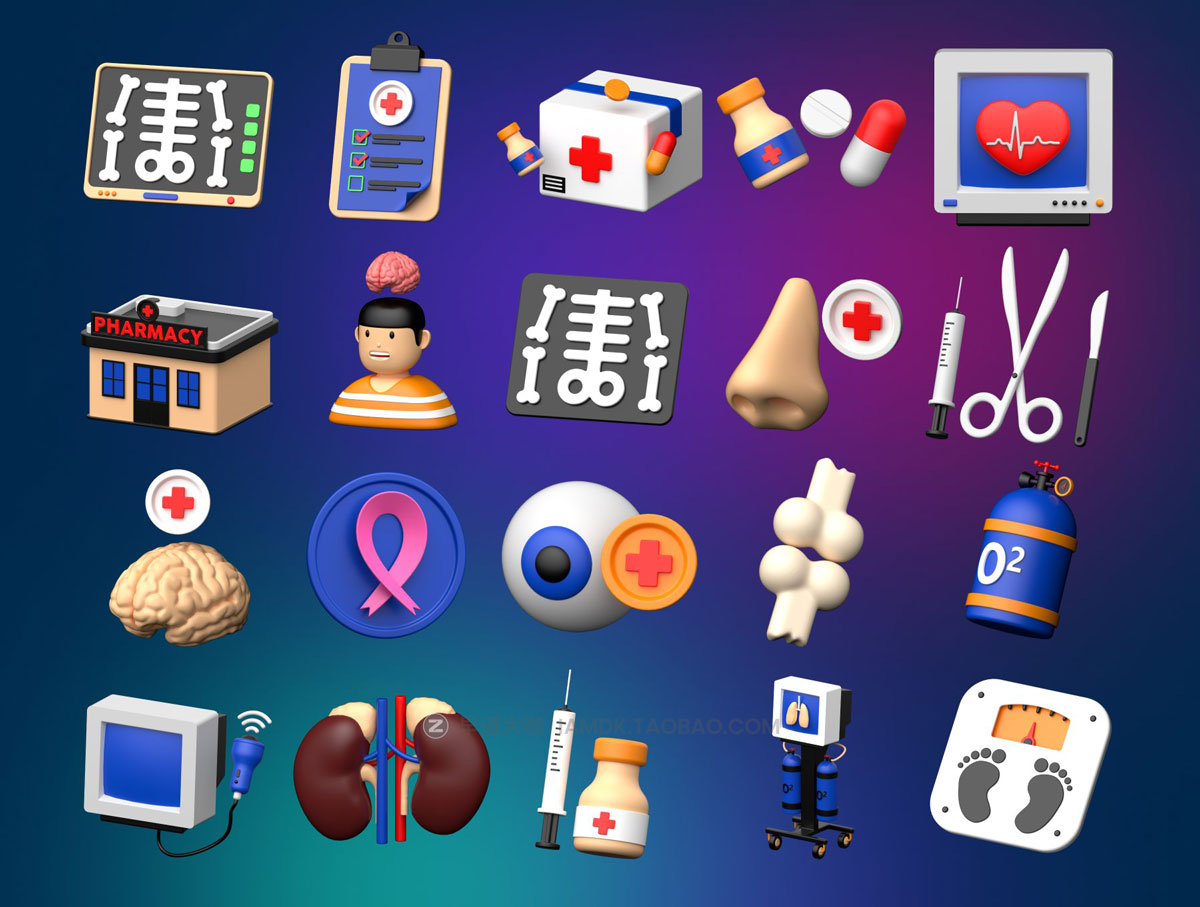 40款高级医院医疗化验体检3D三维立体图标设计素材合集 Medical 3D icons Set_img_1