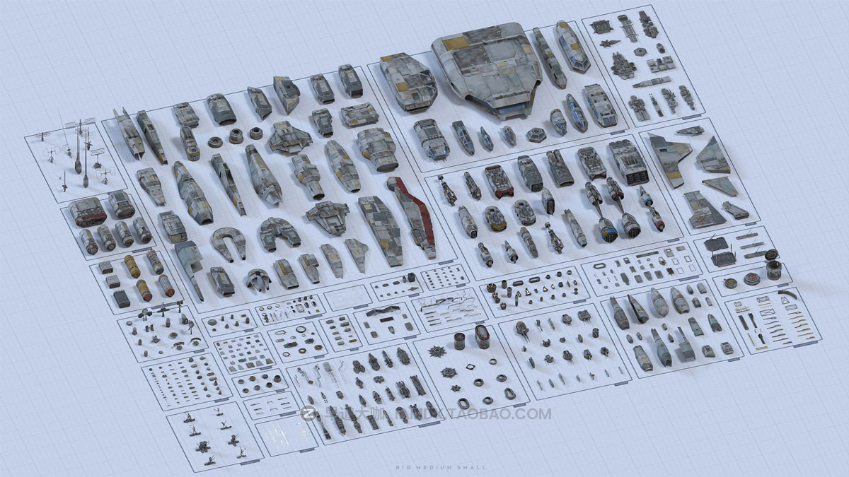 科幻飞船战斗机机械零部件飞行员3D模型 Blender/C4D/FBX/OBJ/UE Big Medium Small - Modelshop Greebles Collection Bundle_img_1