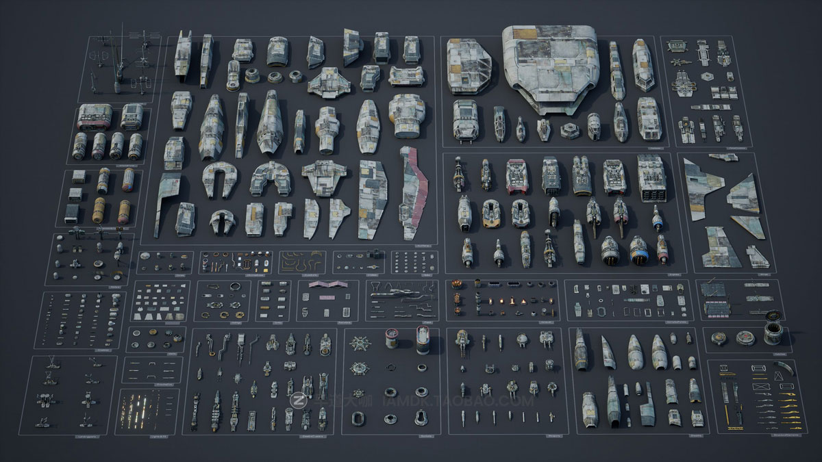 科幻飞船战斗机机械零部件飞行员3D模型 Blender/C4D/FBX/OBJ/UE Big Medium Small - Modelshop Greebles Collection Bundle_img_1