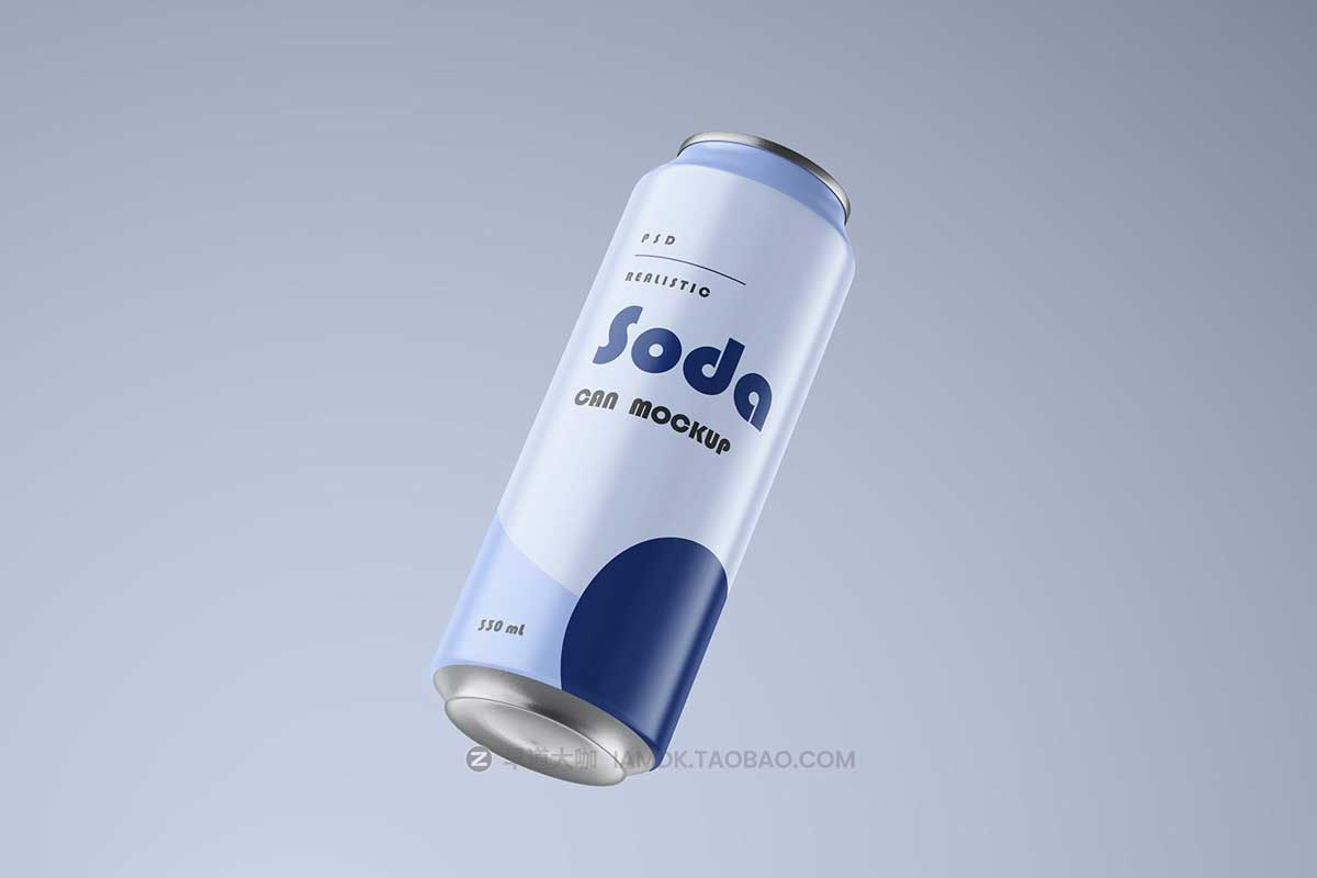 时尚330ml苏打水饮料啤酒金属锡罐易拉罐设计贴图PSD样机模板 Soda Can Mockup in Studio Light_img_1