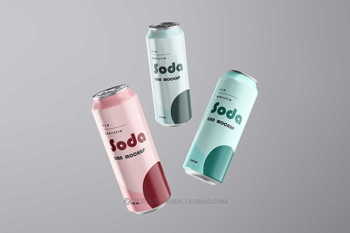 时尚330ml苏打水饮料啤酒金属锡罐易拉罐设计贴图PSD样机模板 Soda Can Mockup in Studio Light_img_1