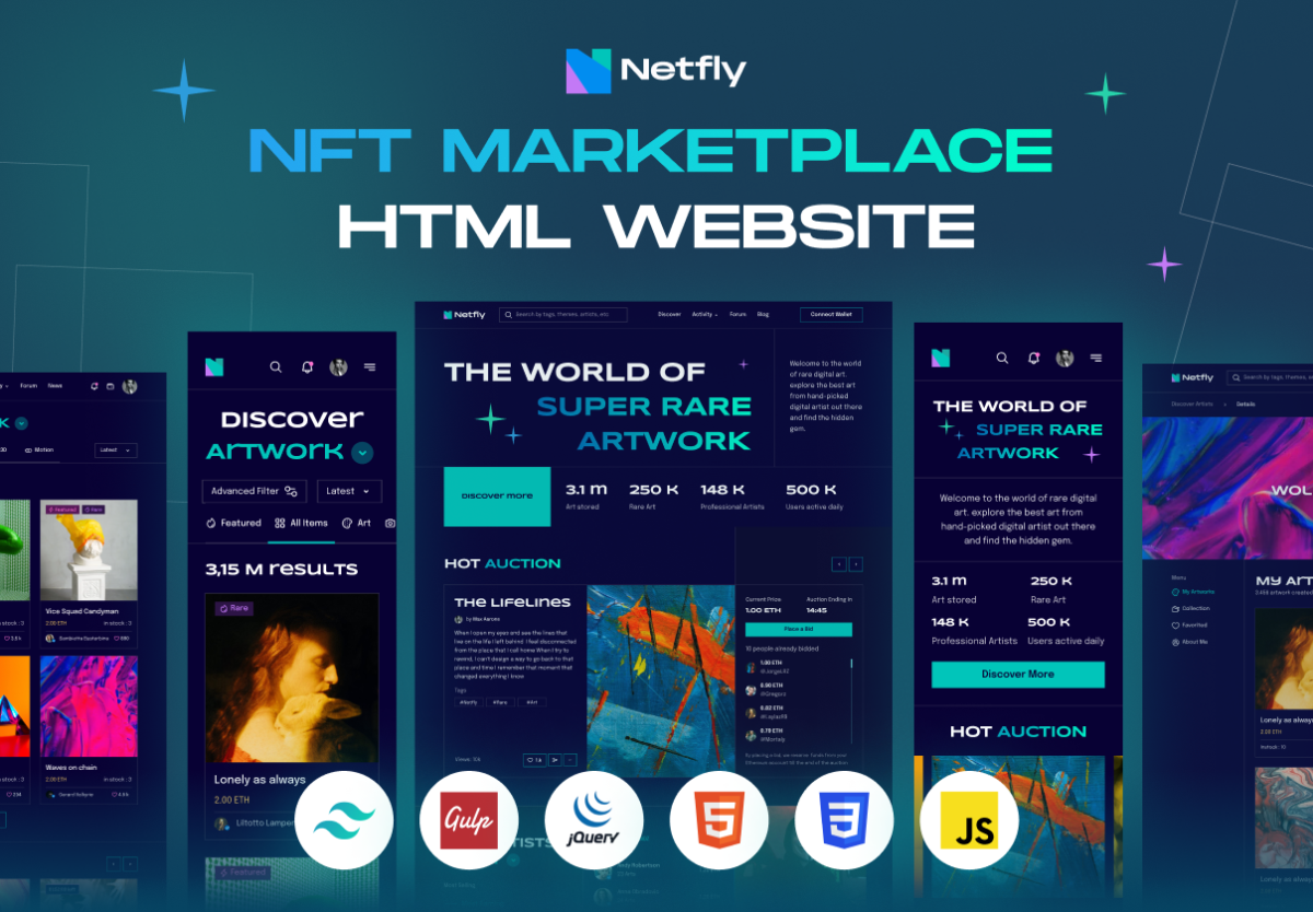 高级NFT虚拟物品在线交易平台网站界面设计HTML源码素材包 Netfly - NFT Marketplace Website Template_img_1