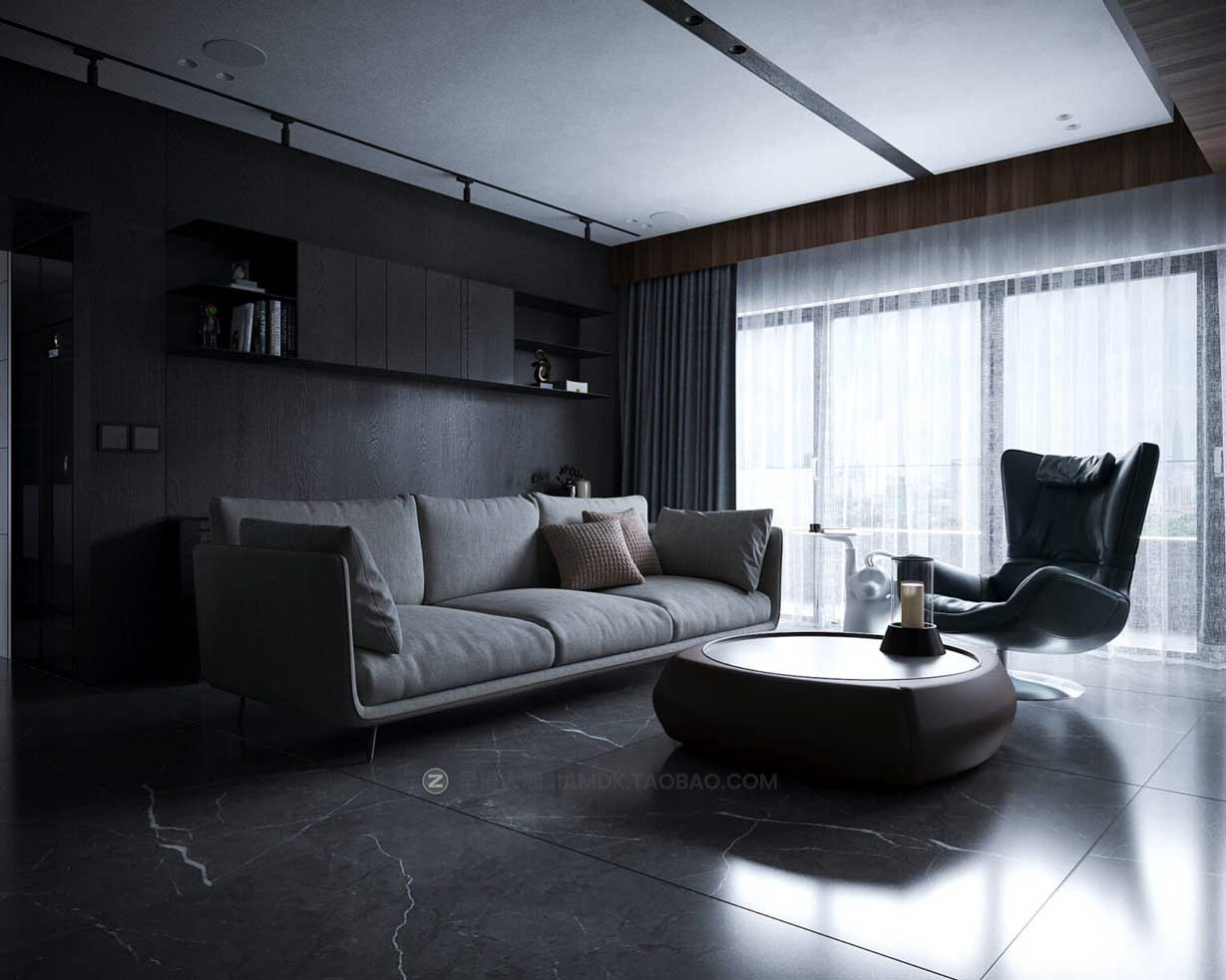 现代高级豪华室内建筑装饰设计效果图3D模型素材包 Living Room – Kitchen Interior By Mai Long – 3D Model_img_1