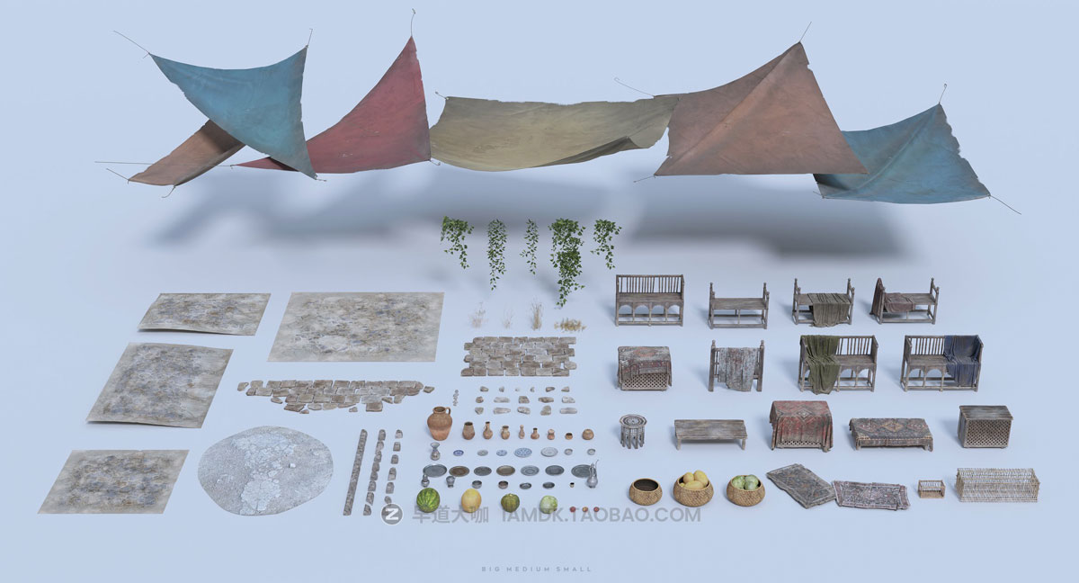 中东集市建筑楼房生活环境物品人物3D模型 Blender/FBX/OBJ/UE格式 Big Medium Small - Grand Bazaar Collection Bundle_img_1