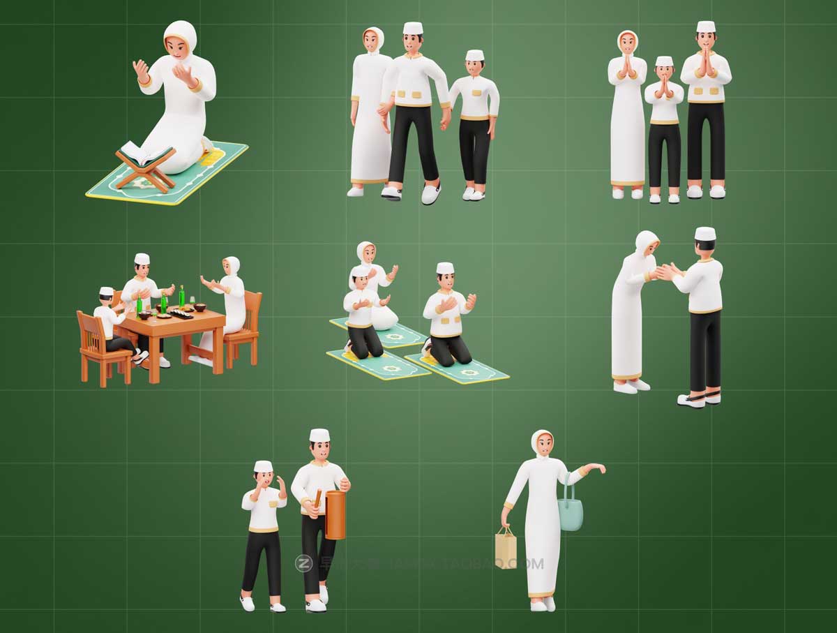 穆斯林斋月节3D人物角色插图Blender模型设计素材包 Muslim Ramadan 3D Character_img_1