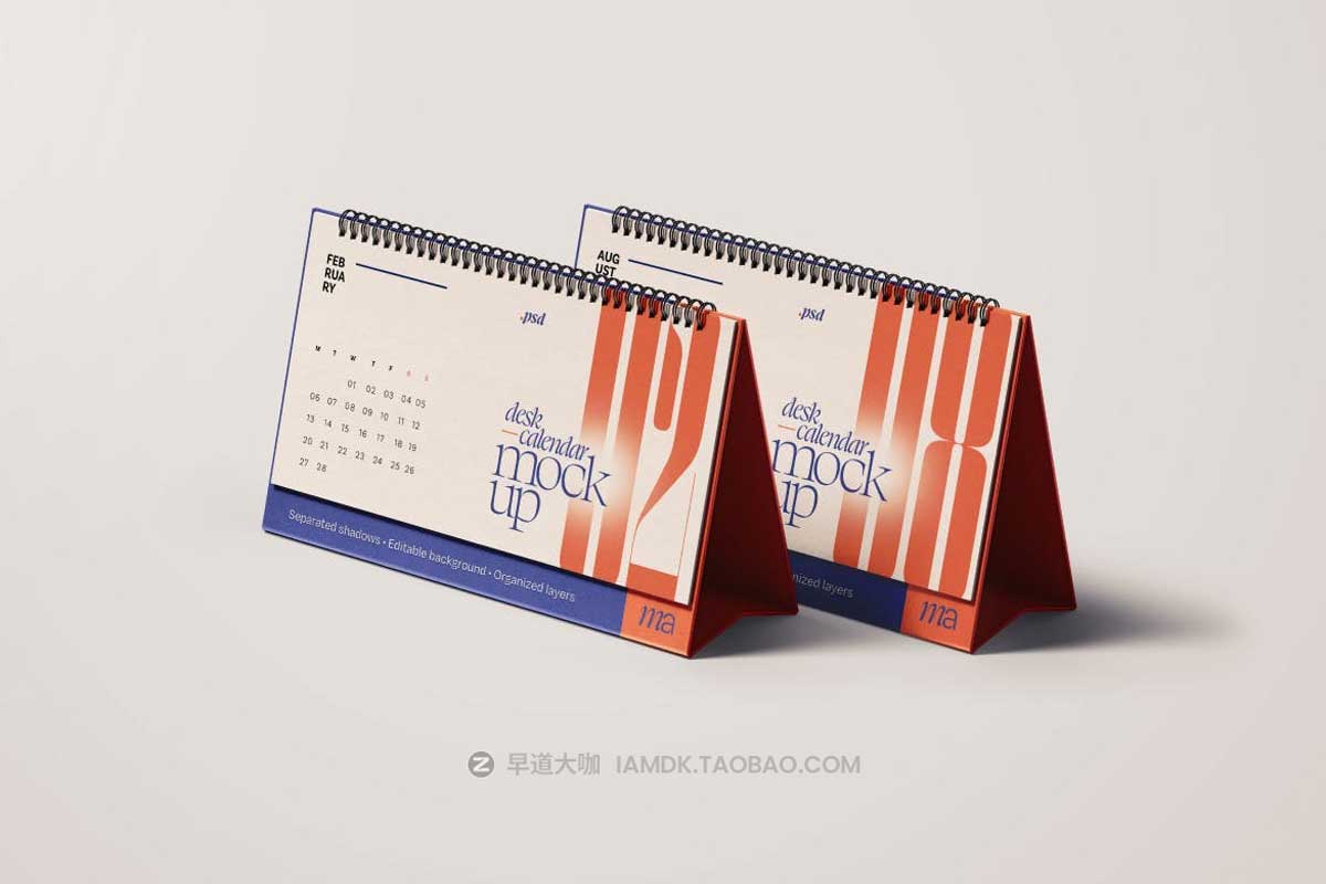 7款横向办公桌桌面螺旋台历日历设计展示贴图PSD样机模板素材 Horizontal Desk Calendar Mockup Set_img_1