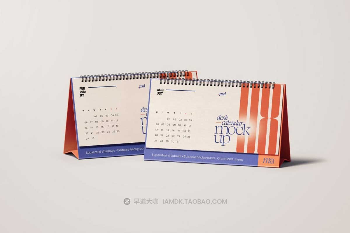 7款横向办公桌桌面螺旋台历日历设计展示贴图PSD样机模板素材 Horizontal Desk Calendar Mockup Set_img_1