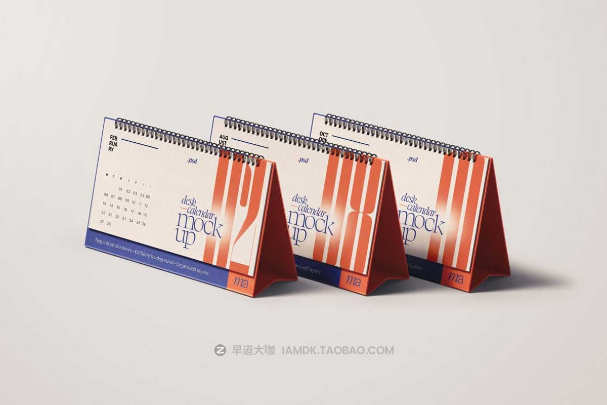 7款横向办公桌桌面螺旋台历日历设计展示贴图PSD样机模板素材 Horizontal Desk Calendar Mockup Set_img_1