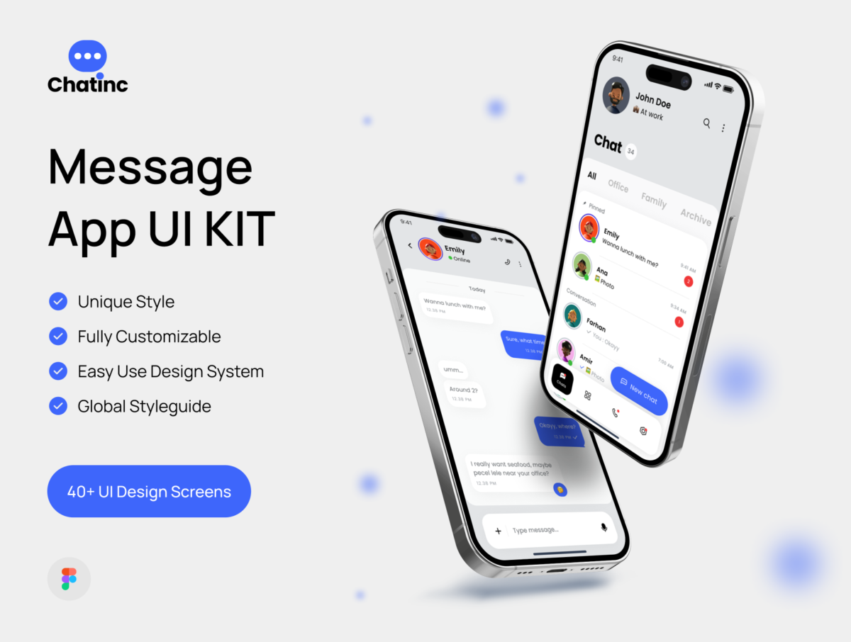 40+屏高级交友聊天Ai机器人发信息APP软件界面设计Figma模板素材 Chatinc - Message App UI KIT_img_1