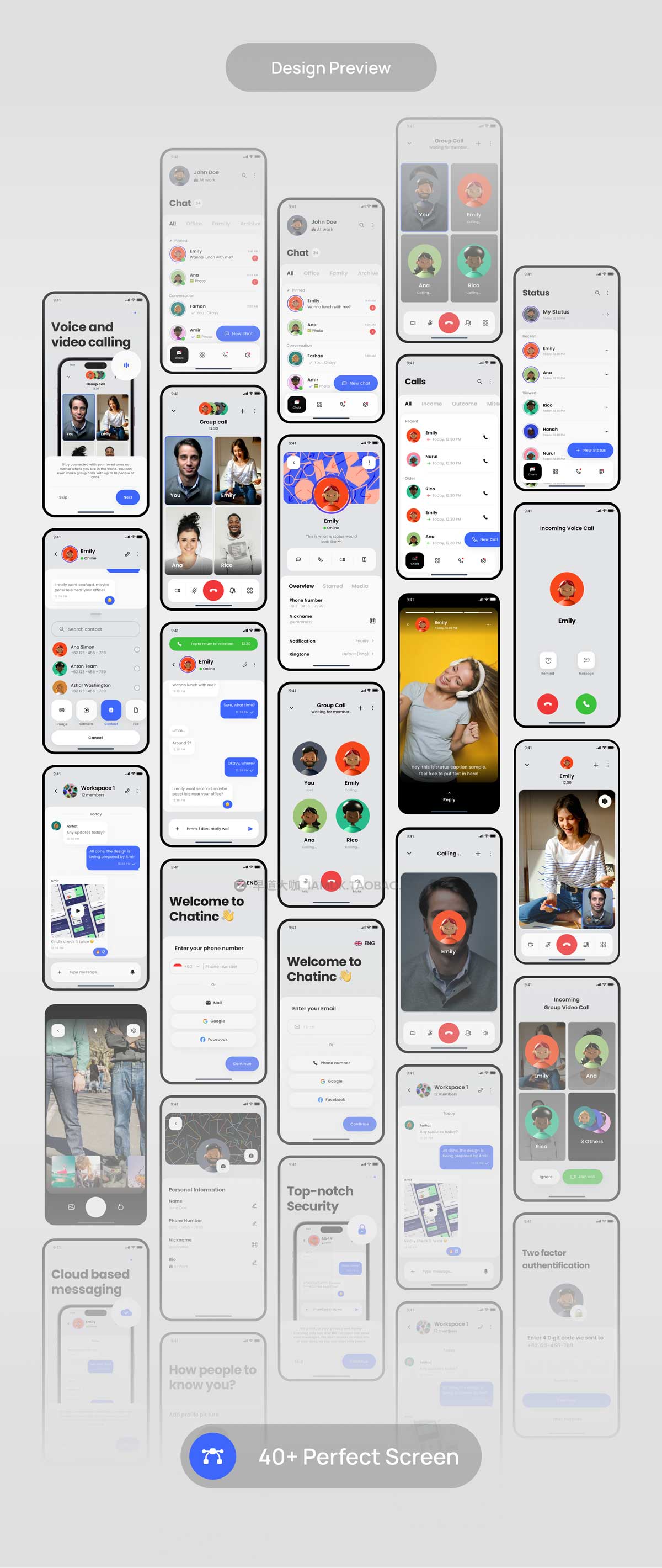 40+屏高级交友聊天Ai机器人发信息APP软件界面设计Figma模板素材 Chatinc - Message App UI KIT_img_1