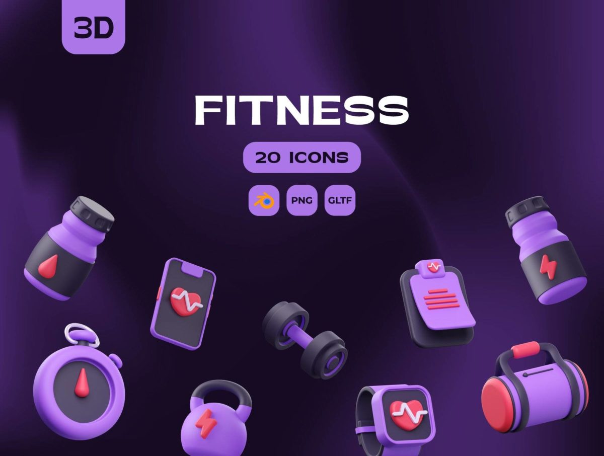 20款高级健身房锻炼运动器具器材3D插图图标Icons设计素材包 Fitness 3D Illustrations_img_1