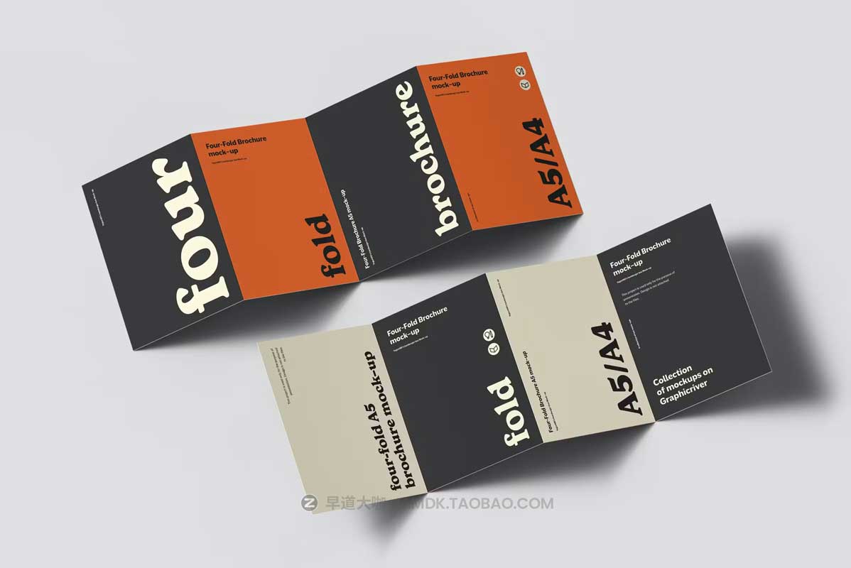 8款逼真四折页小册子画册设计展示效果图PSD样机模板素材 Four Fold A5 Brochure Mockup_img_1