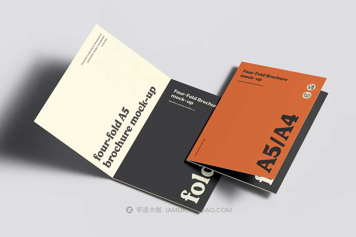 8款逼真四折页小册子画册设计展示效果图PSD样机模板素材 Four Fold A5 Brochure Mockup_img_1