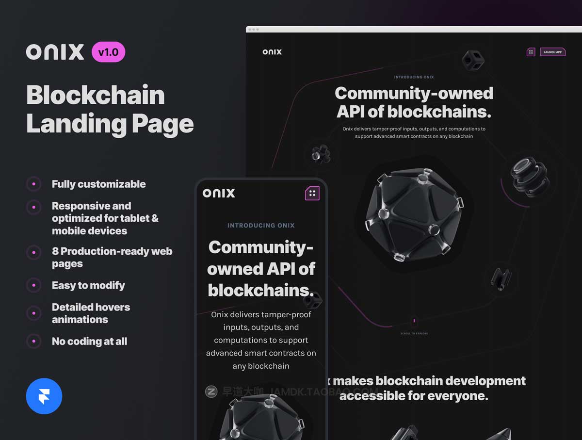 黑化风区块链网络科技网站界面登陆页设计AE设计素材源文件 Onix Blockchain Landing Page for Framer_img_1