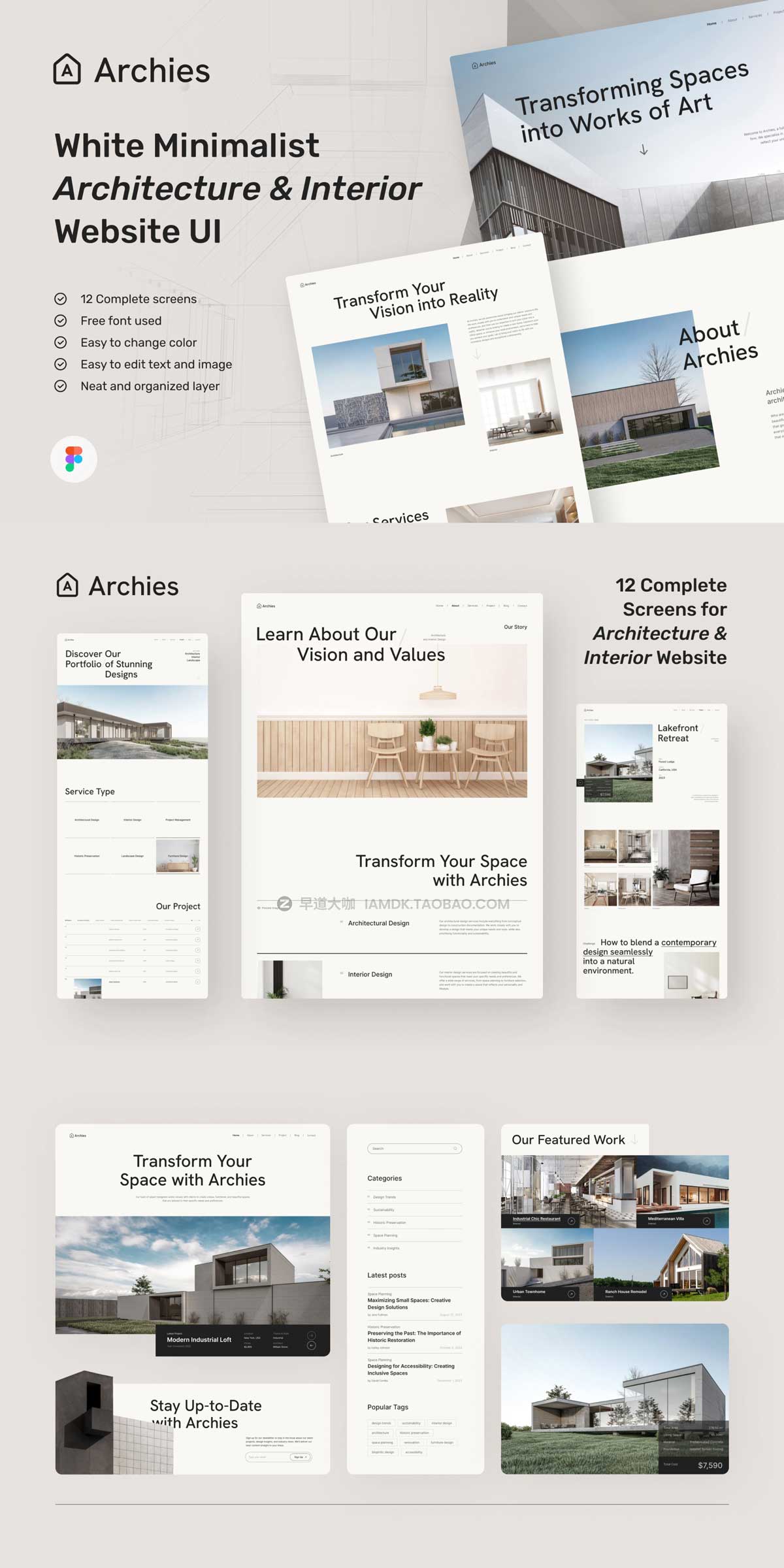 12屏时尚建筑师室内工作室设计作品网站界面设计Figma模板素材 Archies - Architecture & Interior Website_img_1