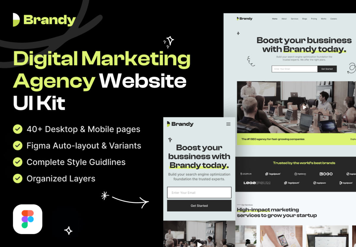 40+专业简洁数字营销创意工作室网站界面设计Figma模板素材套件 Brandy - Digital Marketing Agency Website UI Kit_img_1