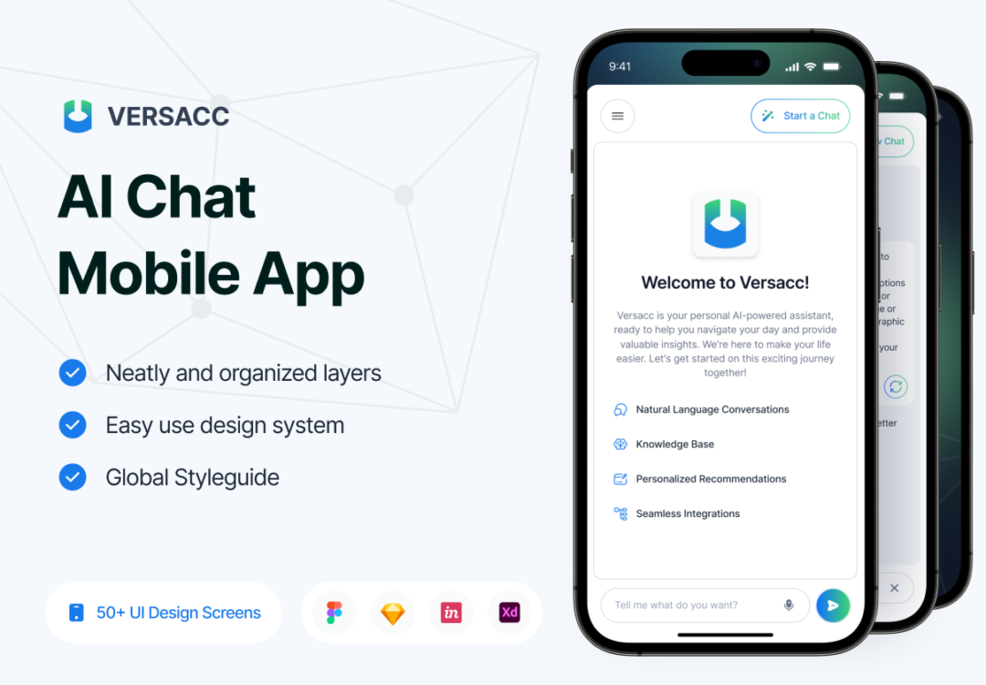 50+屏AI智能聊天机器人APP软件界面设计模板UI套件素材 Versacc - AI Chat Mobile App UI KIT_img_1