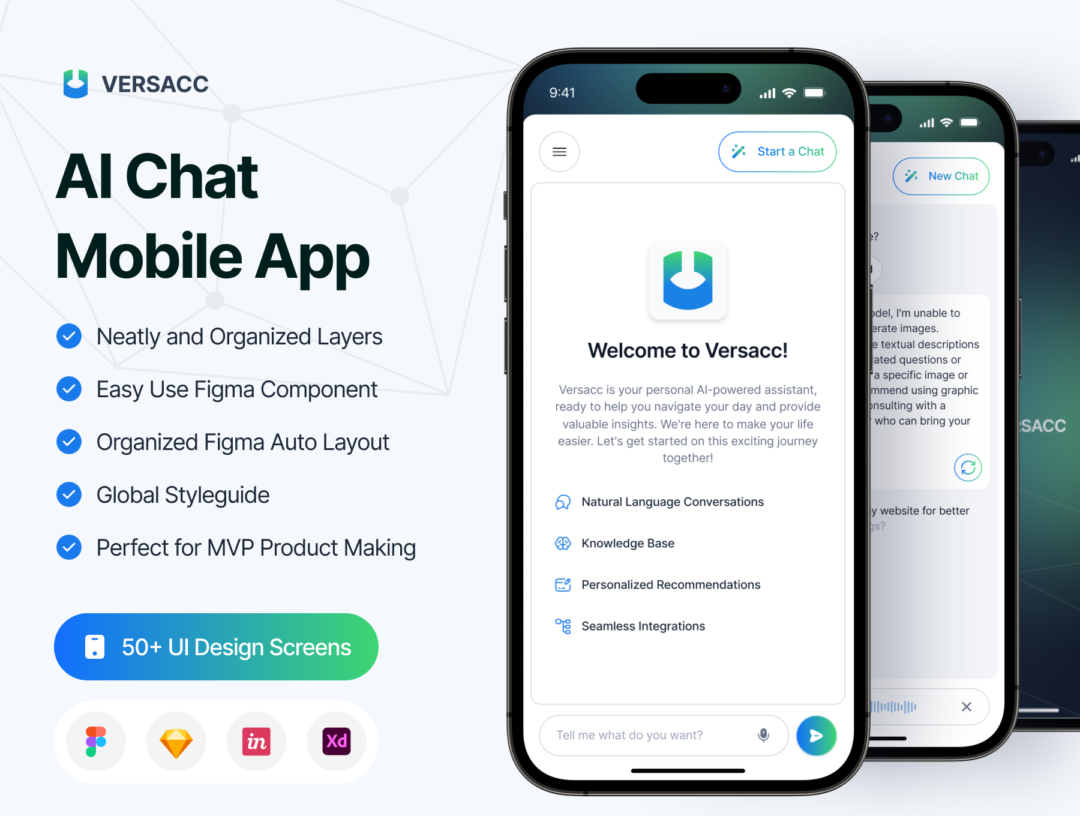 50+屏AI智能聊天机器人APP软件界面设计模板UI套件素材 Versacc - AI Chat Mobile App UI KIT_img_1