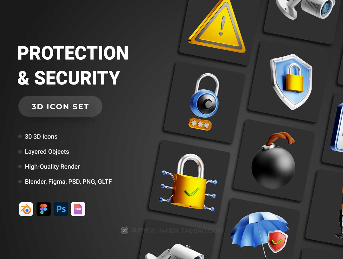 30款3D立体三维网络安全互联网科技图标Icons设计素材合集 30 3D Protection and Security Icon Set_img_1