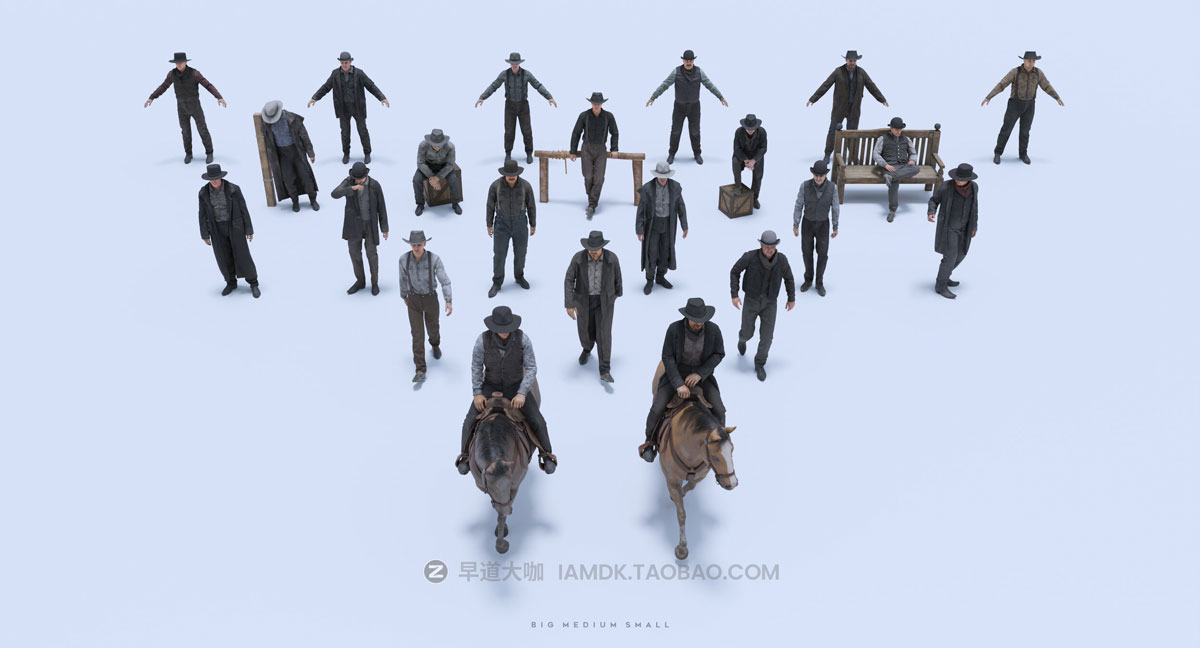 Blender&UE模型 狂野中世纪西部牛仔英雄角色3D模型 Big Medium Small – Wild West Collection: Hero Characters_img_1