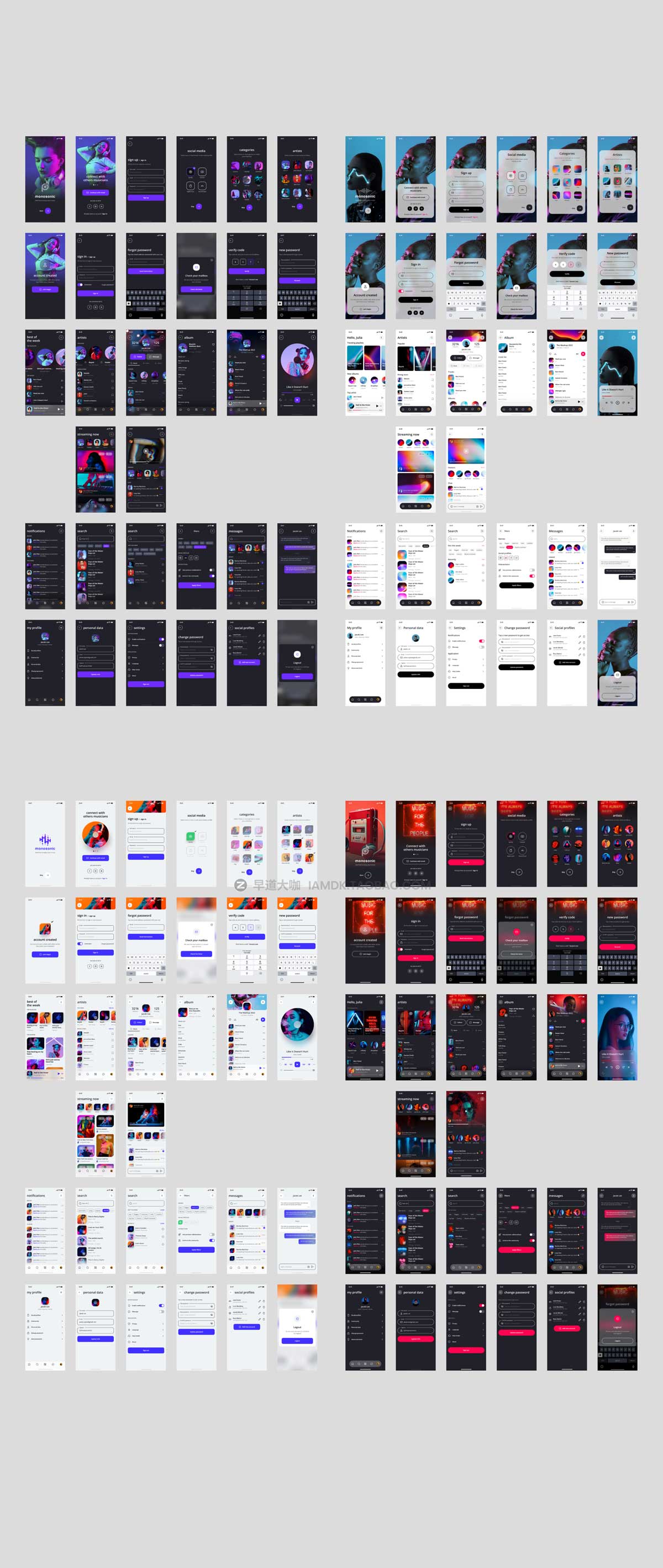 128屏现代整洁响应式音乐播放器APP软件界面设计Figma模板素材 Music app UI Kit_img_1