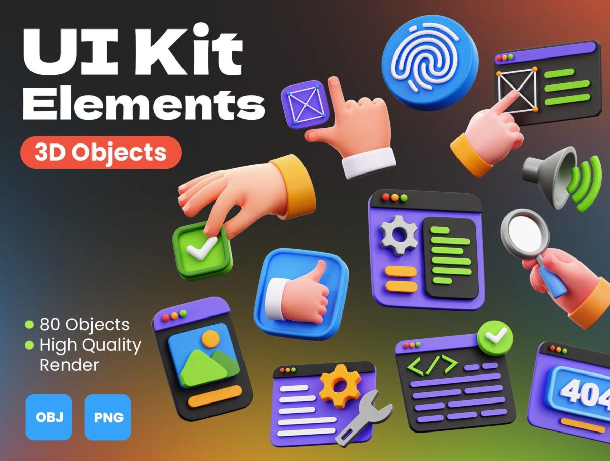 80款高级3D立体质感网站APP界面设计图标Icons套件UI设计素材包 3D UI Kit Elements_img_1
