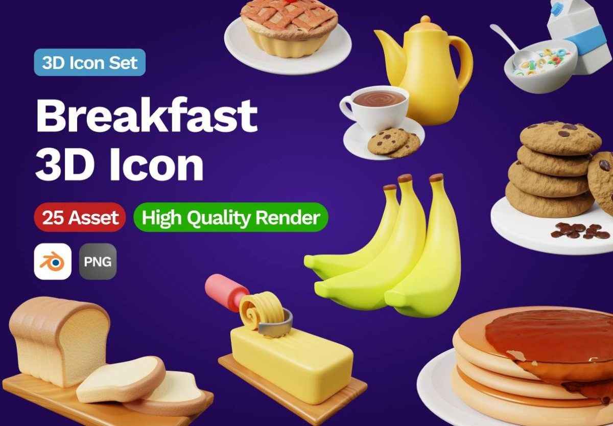 25款卡通创意早餐食品食物水果3D立体图标Icons设计素材 3D Breakfast Icon_img_3