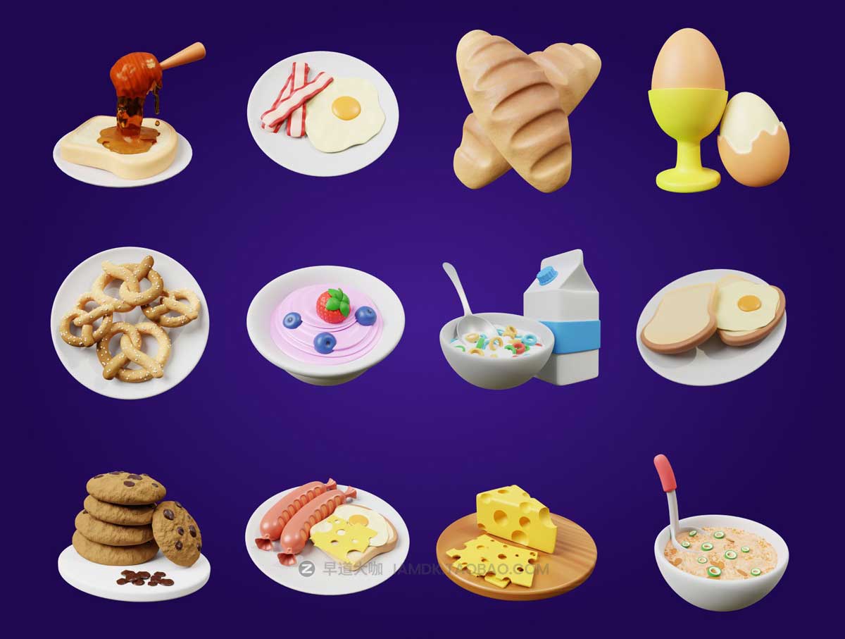 25款卡通创意早餐食品食物水果3D立体图标Icons设计素材 3D Breakfast Icon_img_2