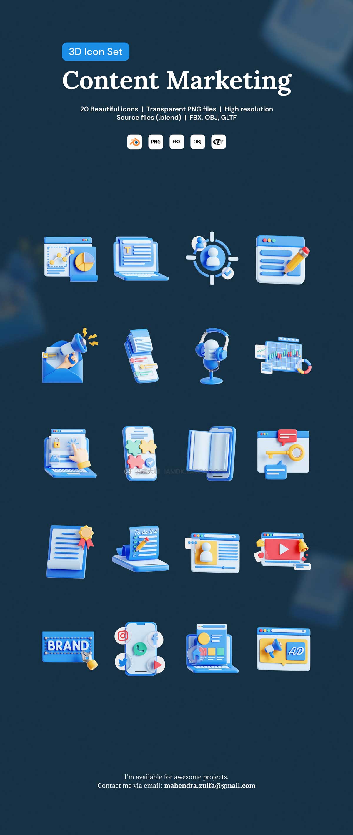 20款高质量互联网网络营销3D立体图标Icons设计素材合集 Content Marketing 3D Icon Set_img_2