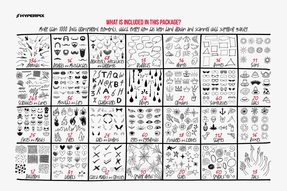 1000+款创意卡通有趣手绘涂鸦线条符号人物装饰图案PNG免抠图设计素材 Hyper Hand Drawn – 1,000+ PNG Hand Crafted Elements_img_2