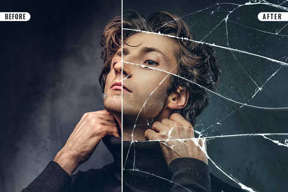 做旧玻璃破裂损坏失真扭曲效果照片修图特效PS样机模板素材 Broken Glass Effect_img_2