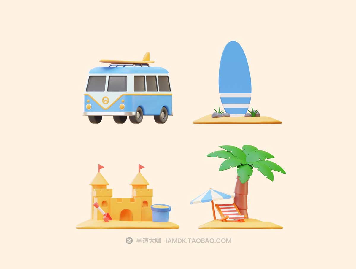 8款卡通创意3D立体夏季暑假度假主题图标Icons设计素材合集 Summer Vacation 3D Icon Pack_img_2