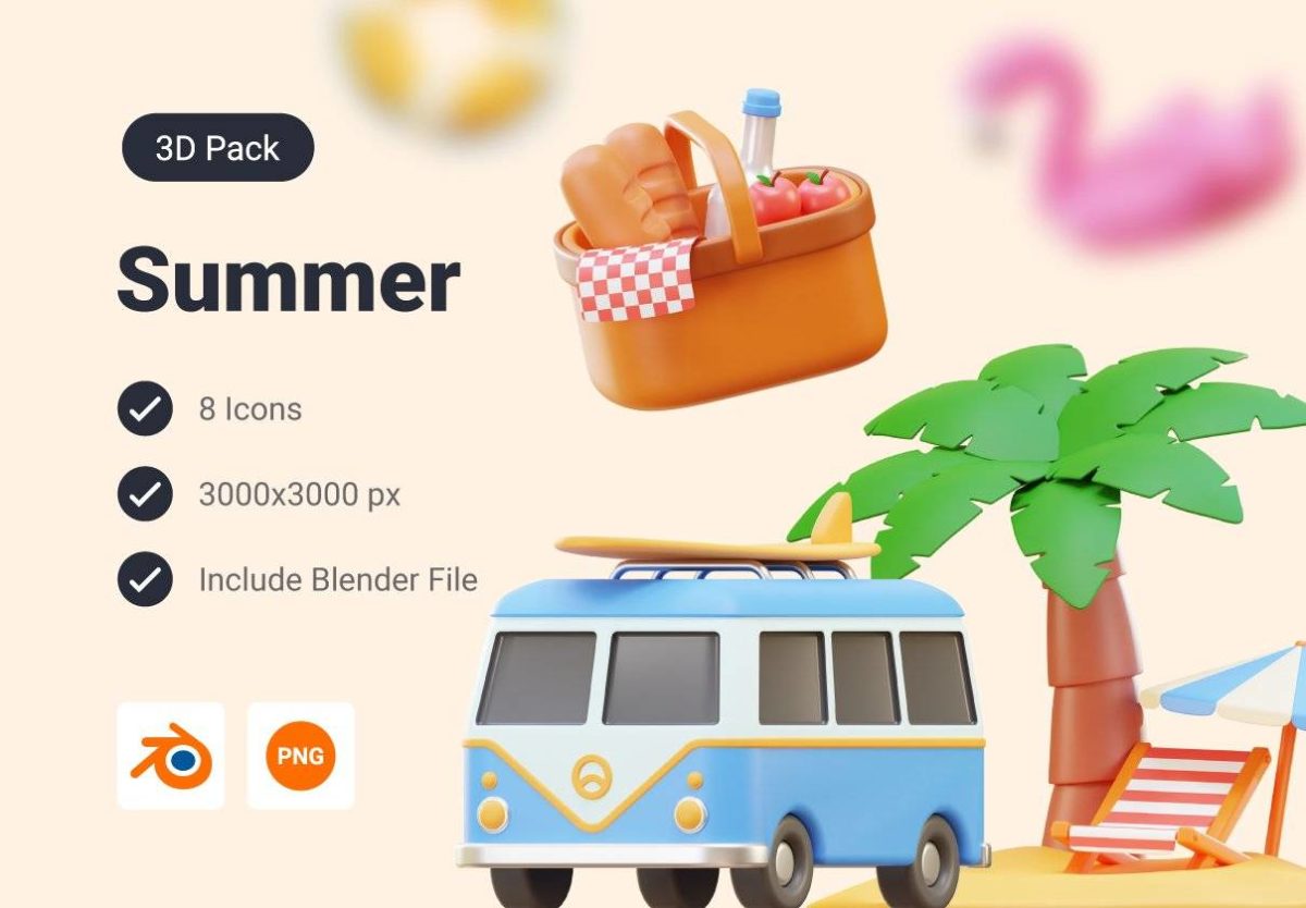 8款卡通创意3D立体夏季暑假度假主题图标Icons设计素材合集 Summer Vacation 3D Icon Pack_img_3