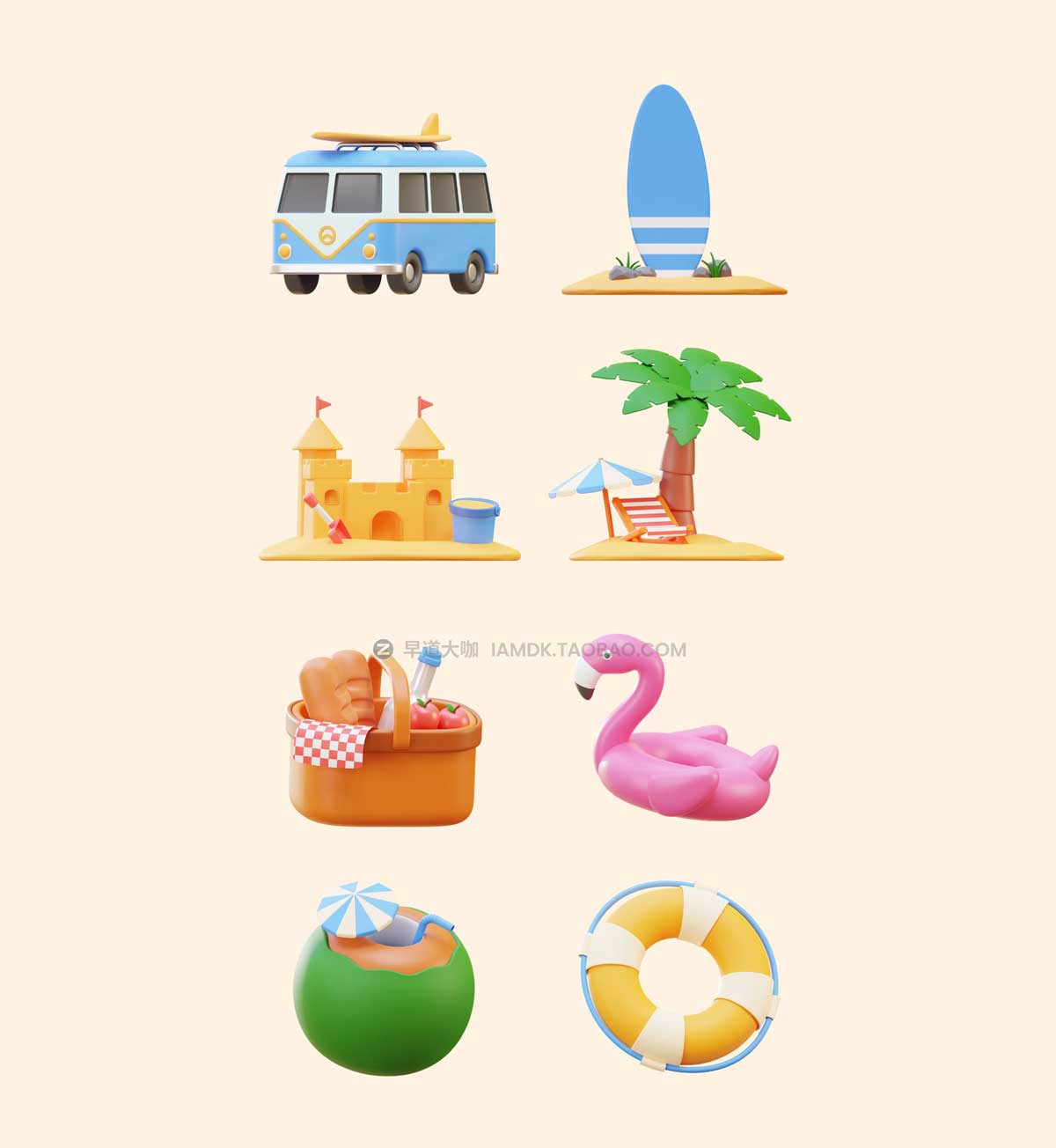 8款卡通创意3D立体夏季暑假度假主题图标Icons设计素材合集 Summer Vacation 3D Icon Pack_img_2